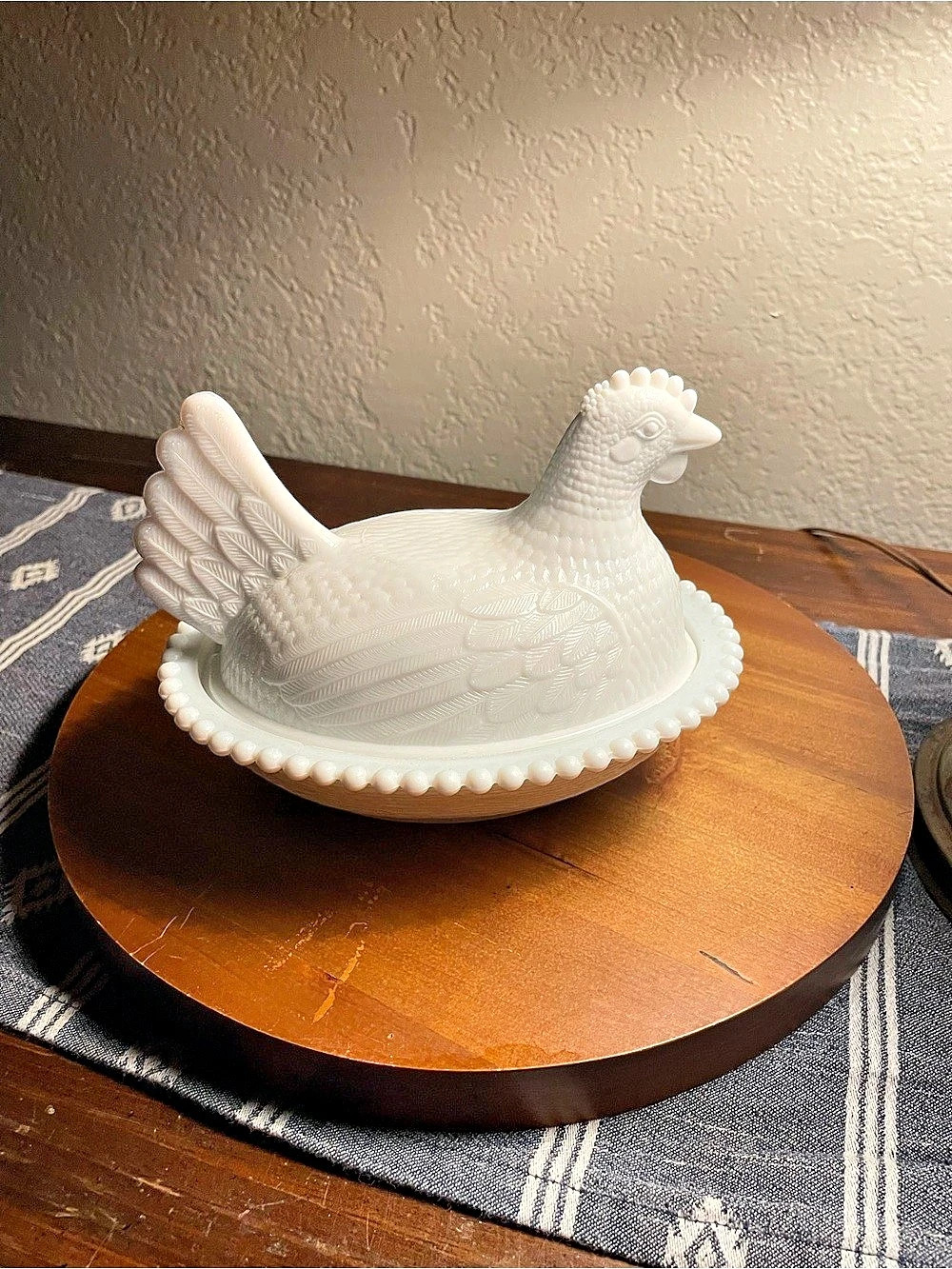 Indiana Glass White Milk Glass Hen on Nest 7" Beaded Edge Covered Dish Covered